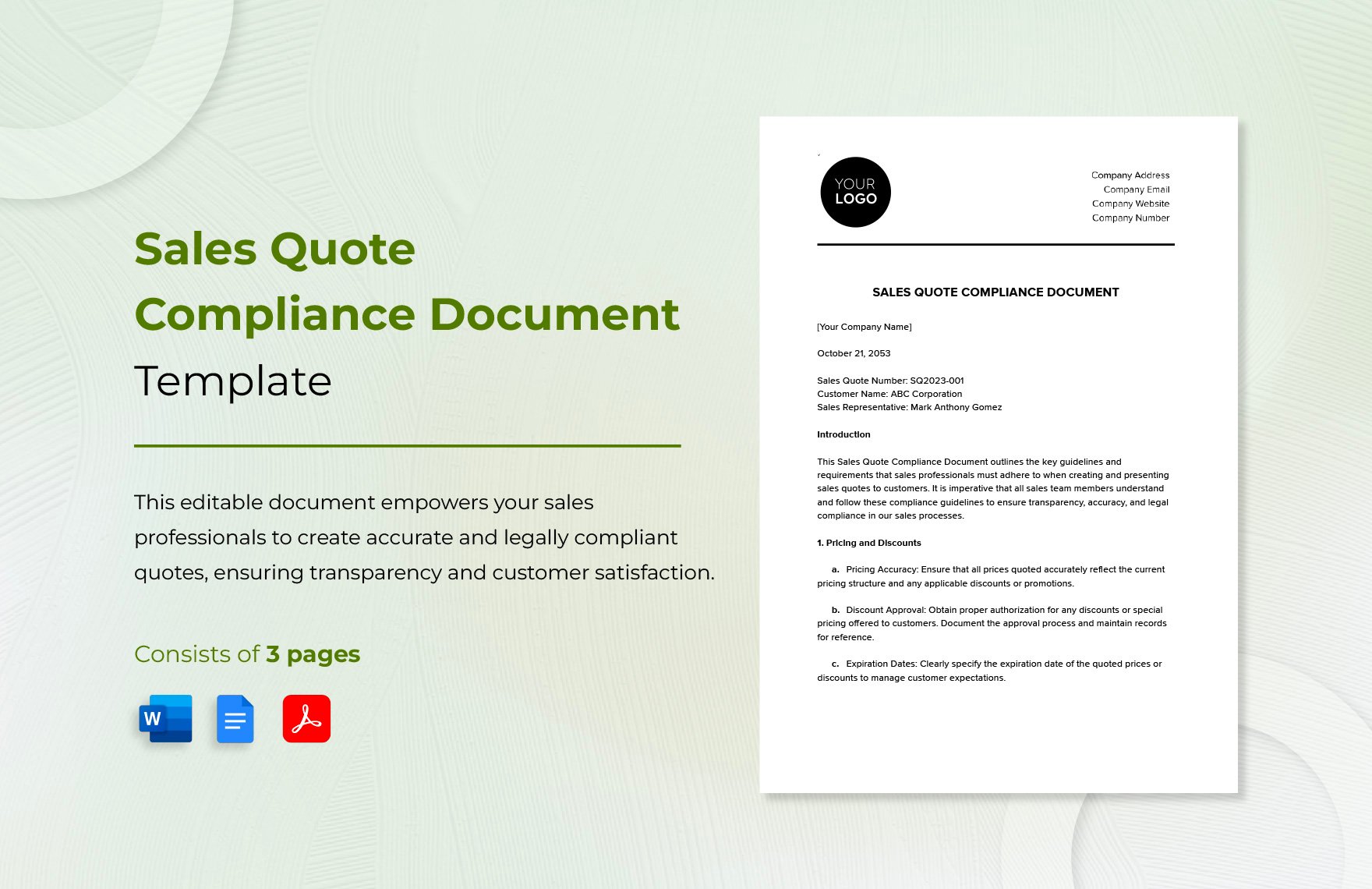 Sales Quote Compliance Document Template in Word, Google Docs, PDF