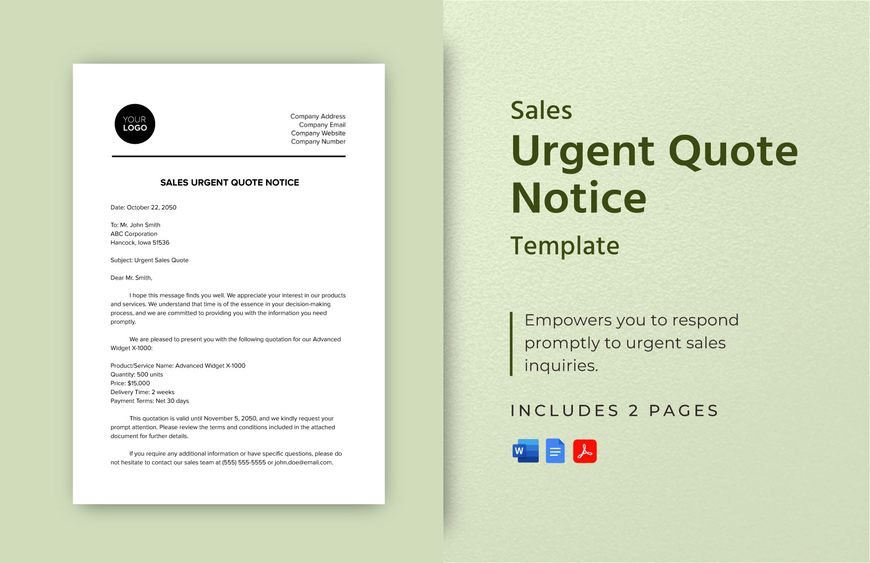 Sales Urgent Quote Notice Template in Word, Google Docs, PDF