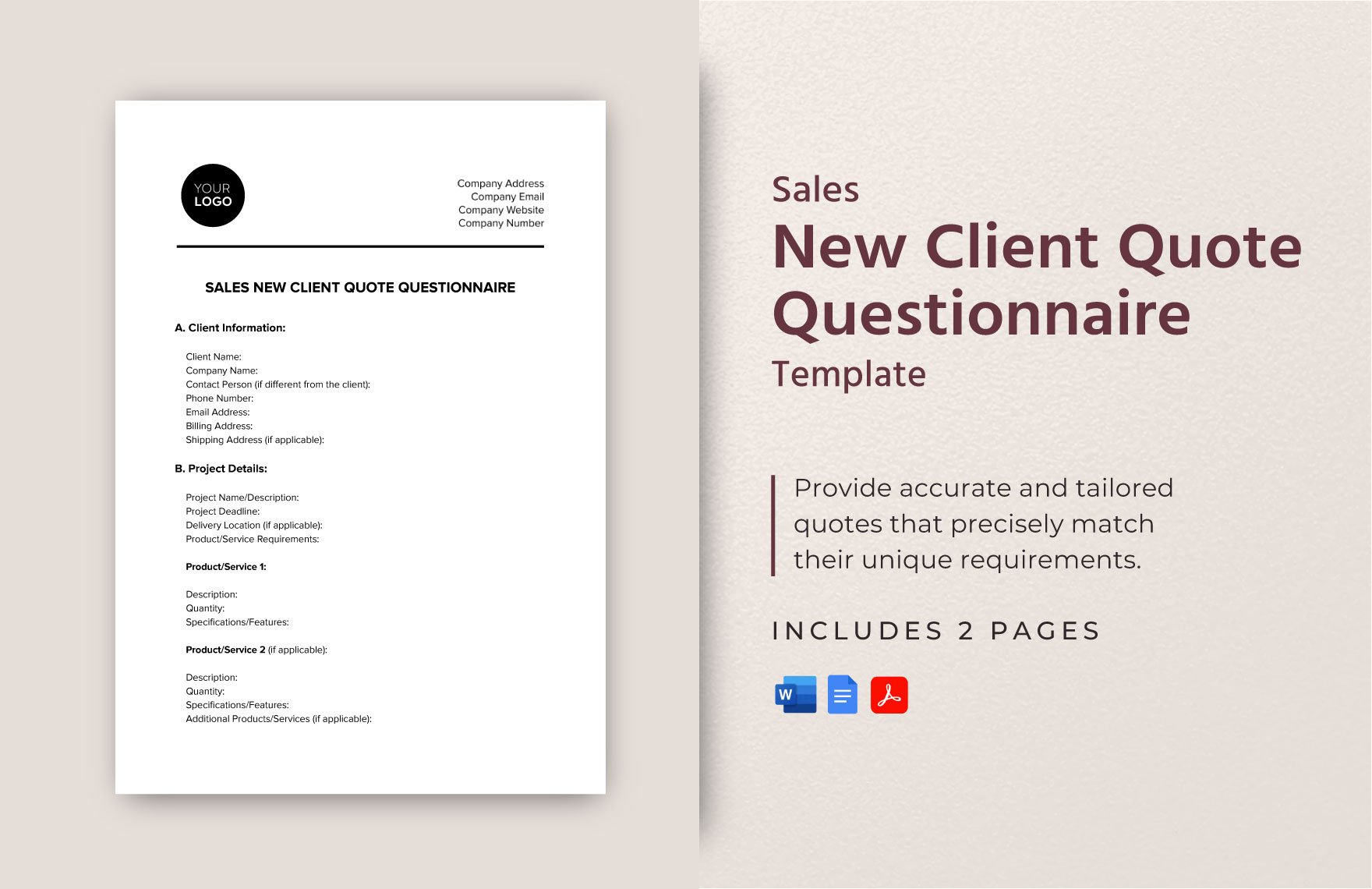 Sales New Client Quote Questionnaire Template in Word, Google Docs, PDF
