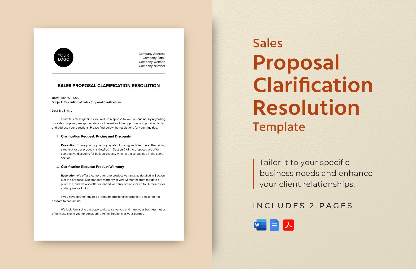 Sales Proposal Clarification Resolution Template in Word, Google Docs, PDF