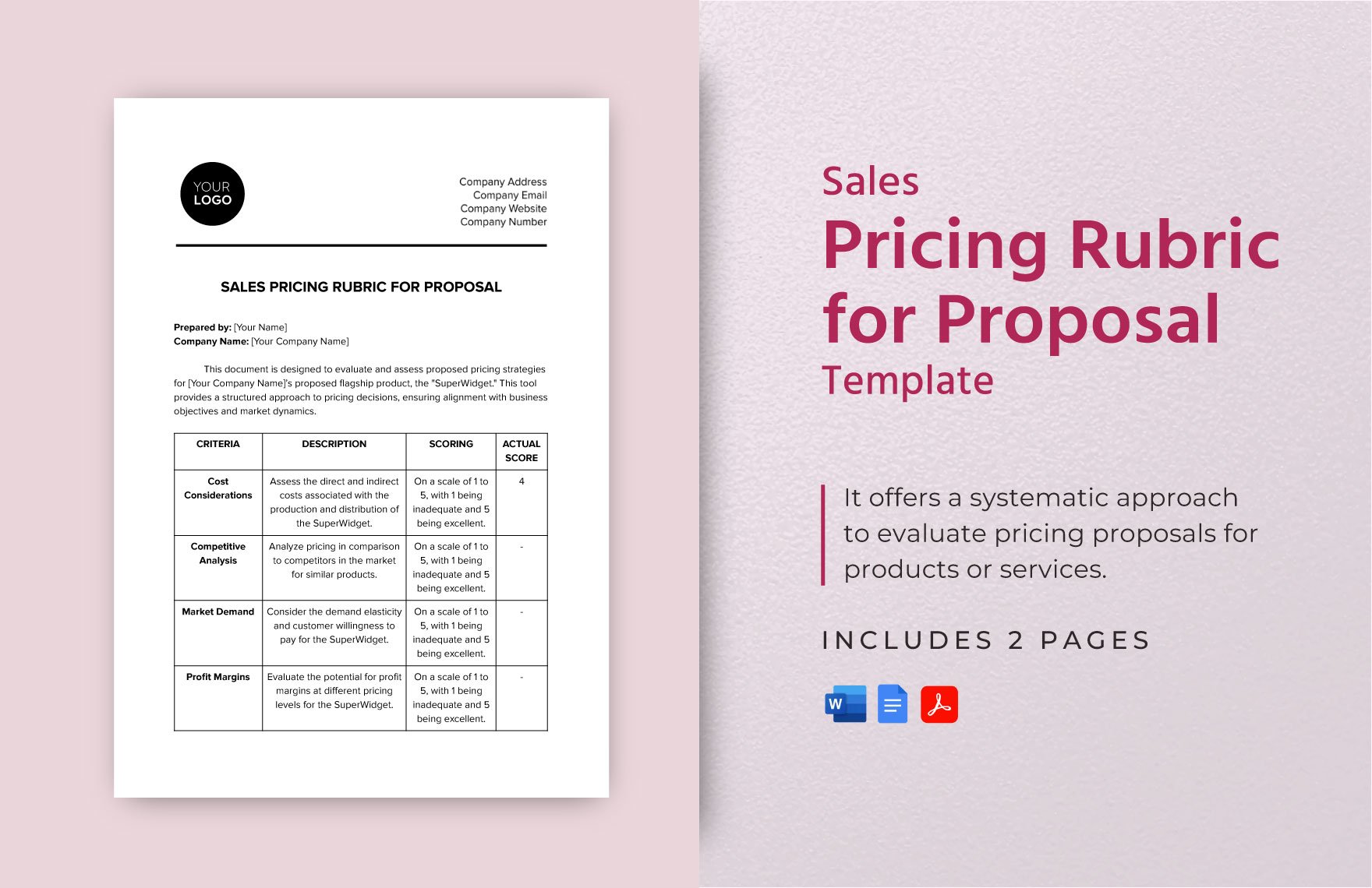 Sales Pricing Rubric for Proposal Template in Word, Google Docs, PDF