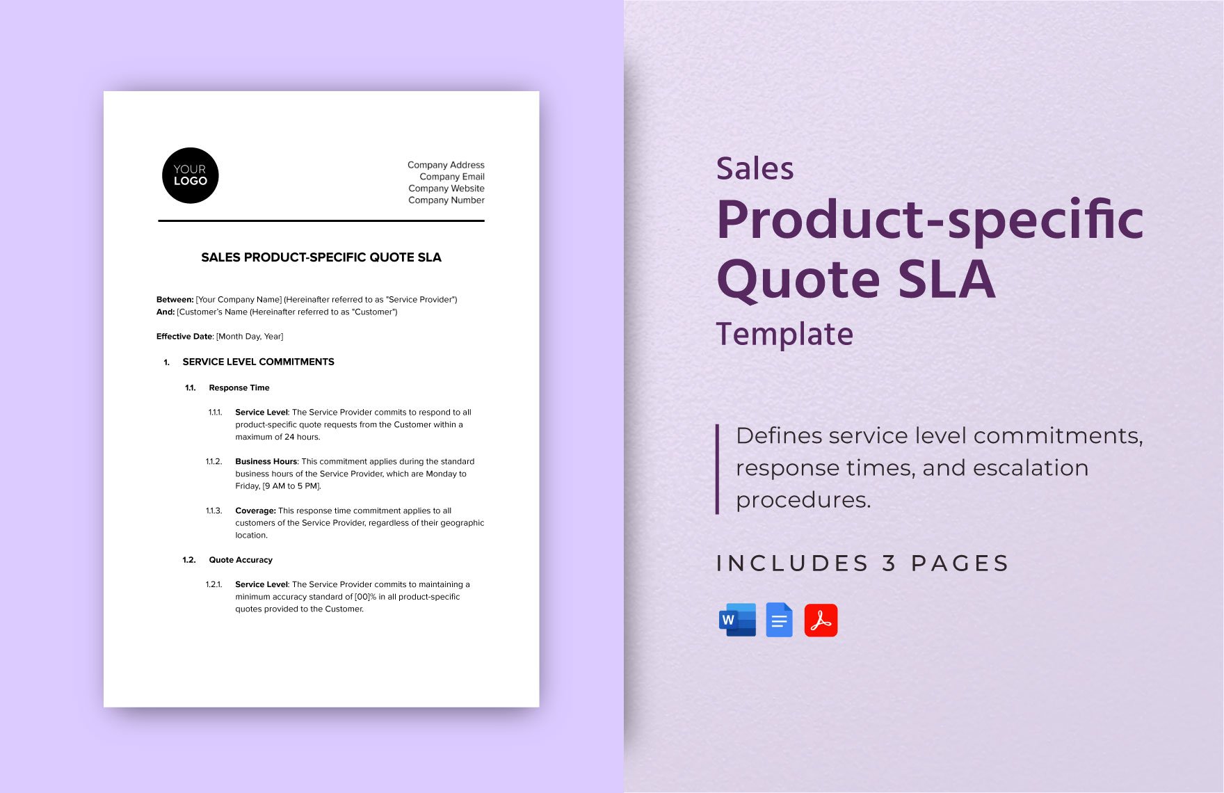 Sales Product-specific Quote SLA Template in Word, Google Docs, PDF
