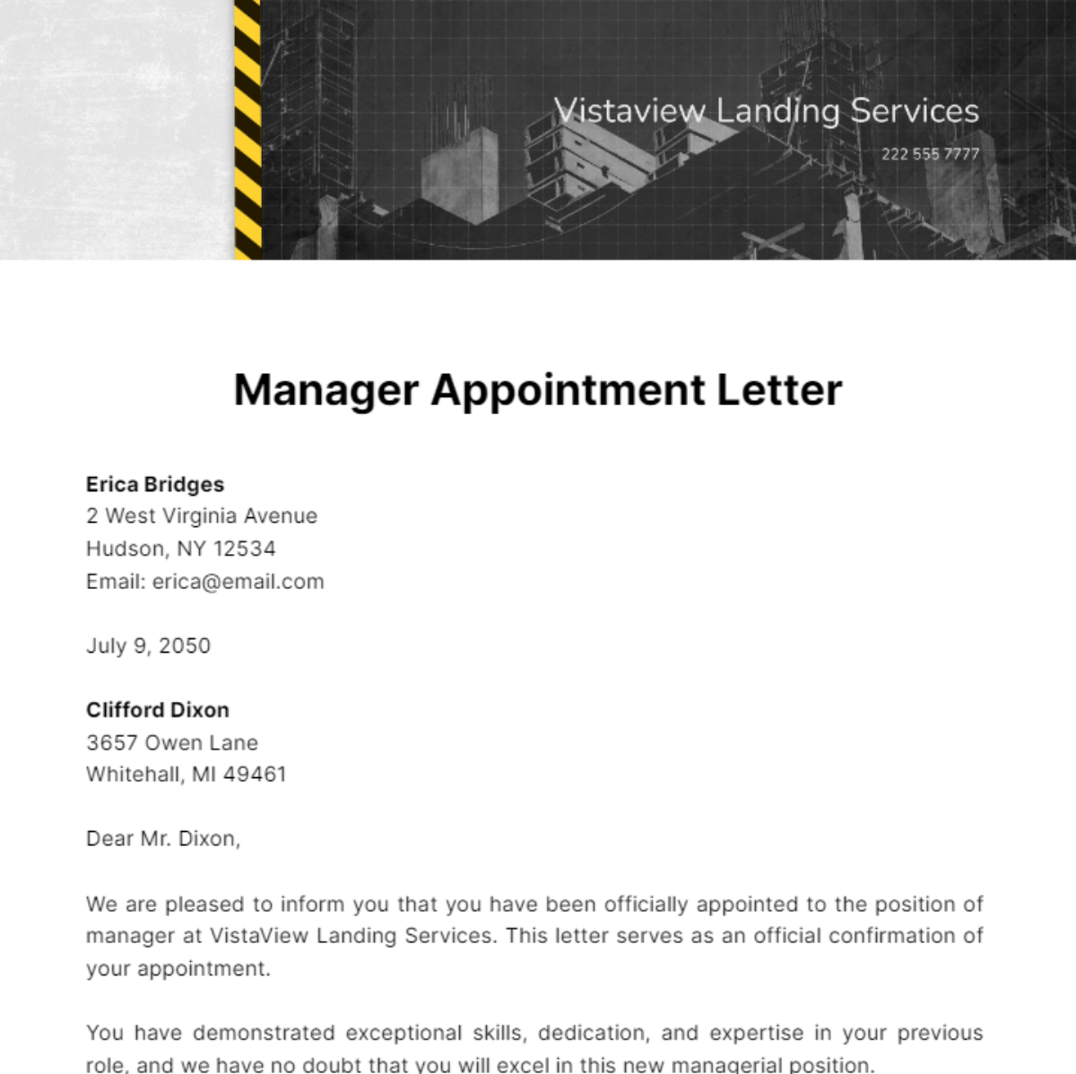 Manager Appointment Letter Template