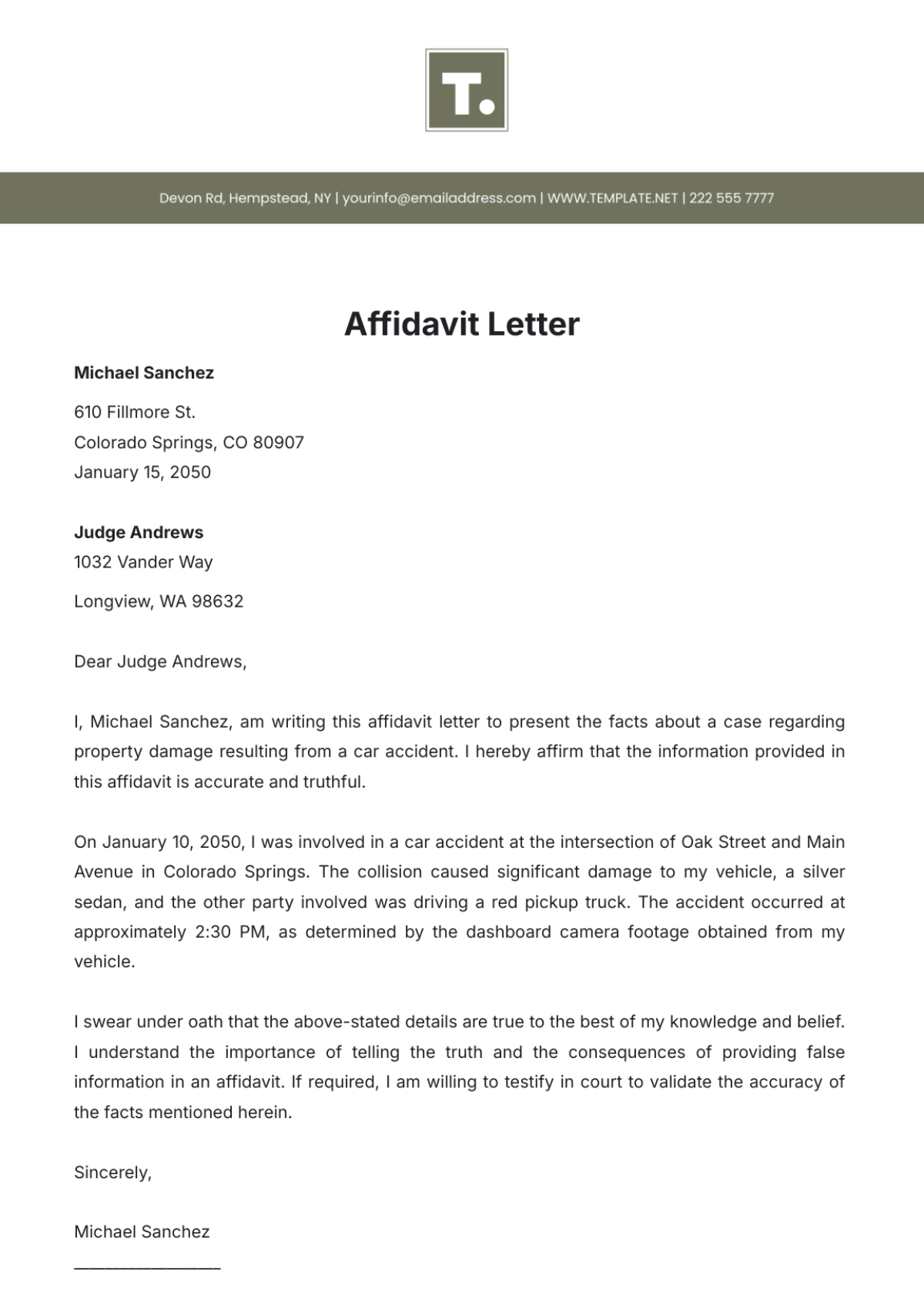 Affidavit Letter Template - Edit Online & Download