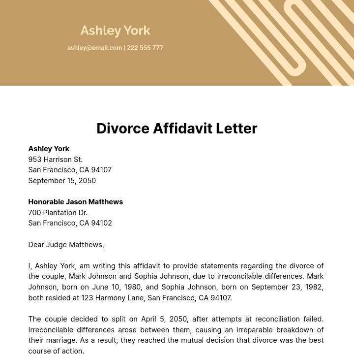 Divorce Affidavit Letter Template