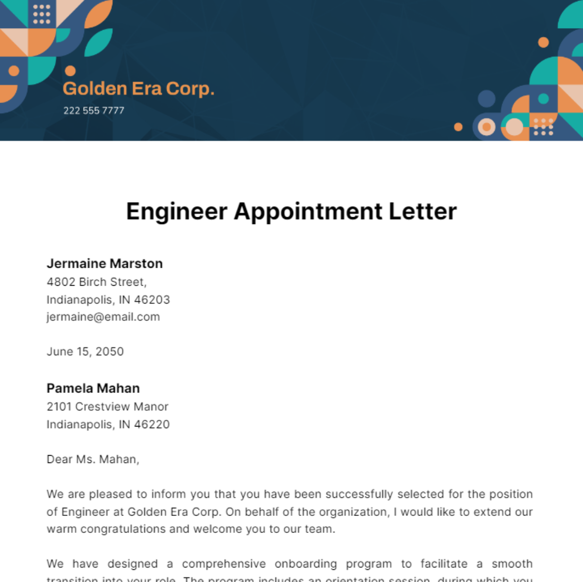 Engineer Appointment Letter Template