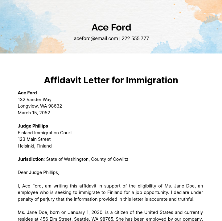 Free Affidavit Letter for Immigration Template
