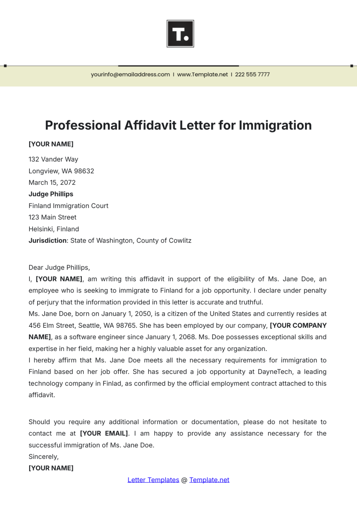 Professional Affidavit Letter for Immigration Template - Edit Online & Download