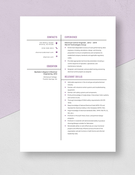 Electrical Control Engineer Resume Template