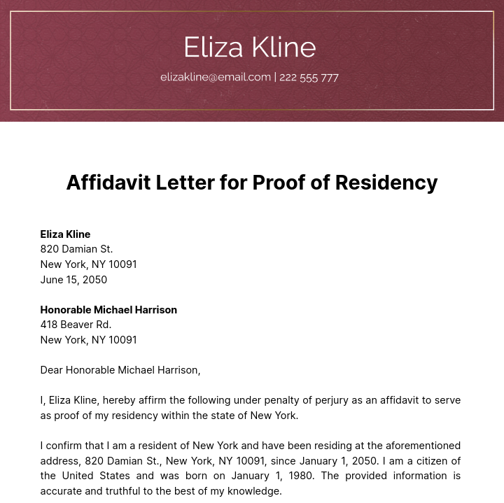 Free Affidavit Letter for Proof of Residency Template