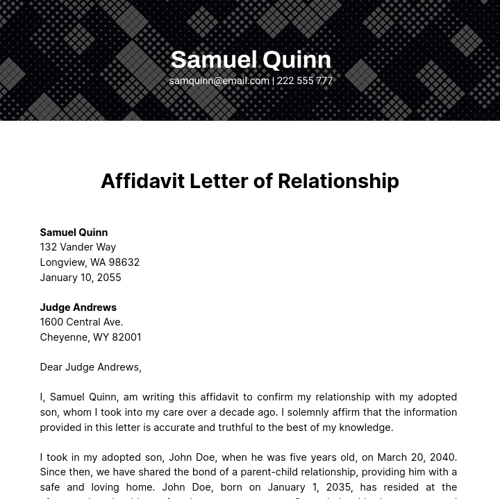 Free Affidavit Letter of Relationship Template