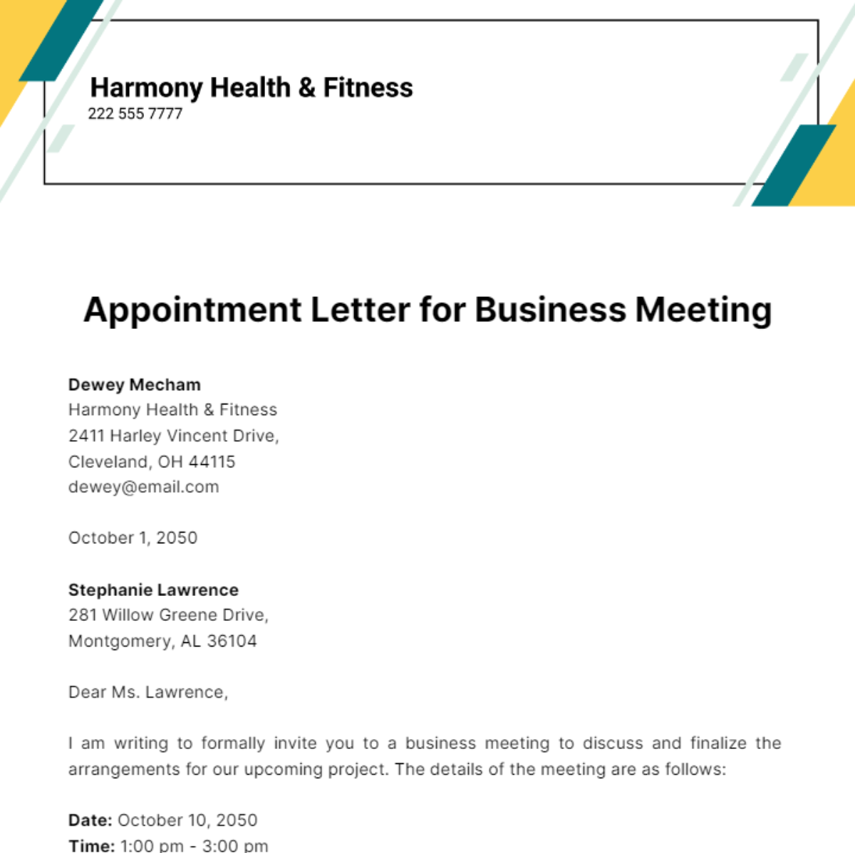 Free Appointment Letter for Business Meeting Template
