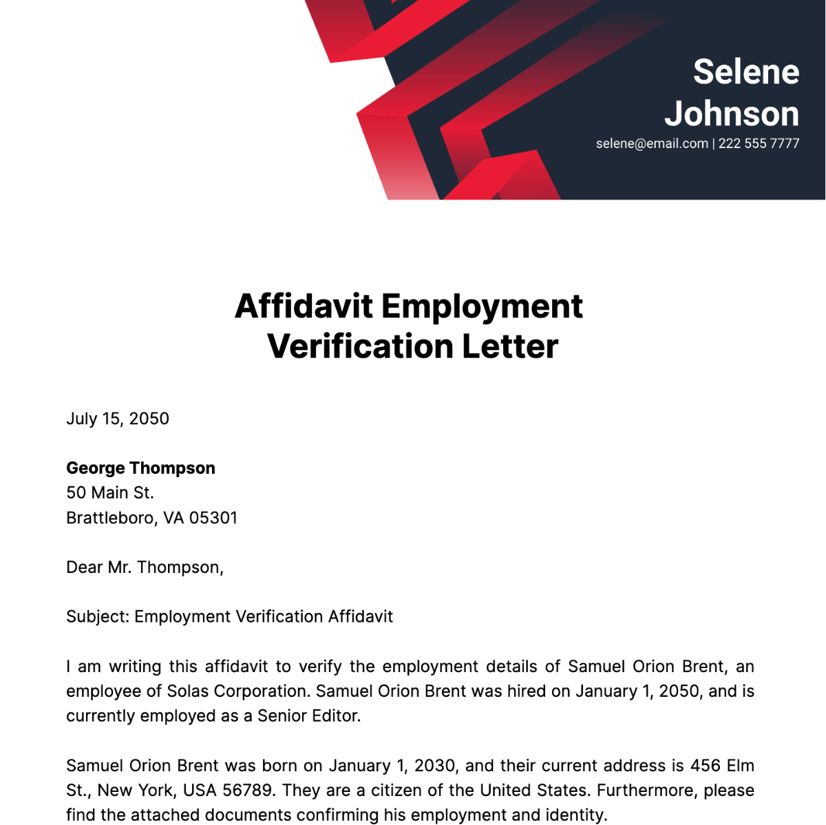 Affidavit Employment Verification Letter Template