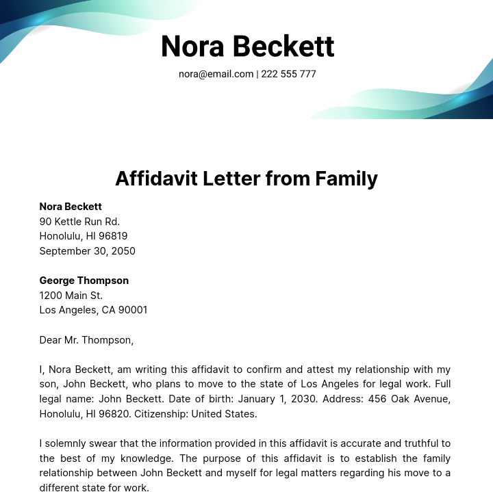Free Affidavit Letter from Family Template