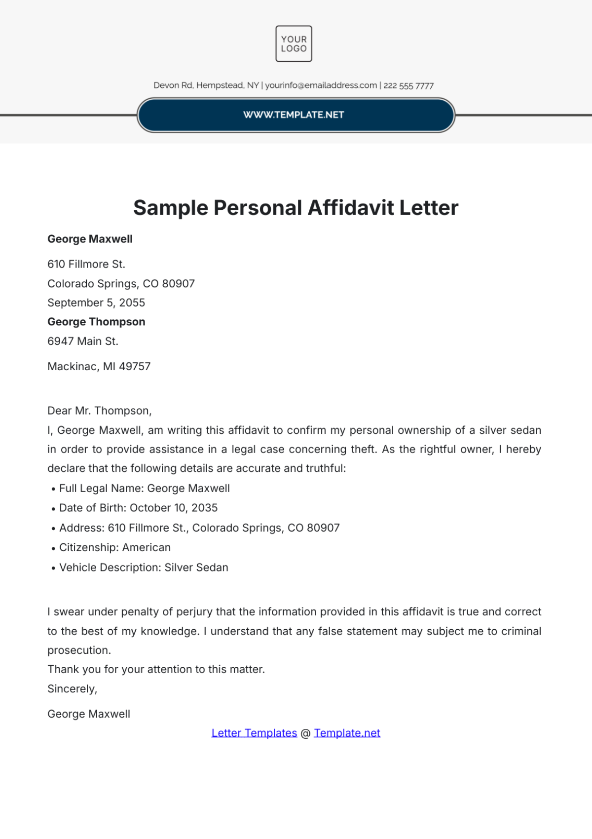 Sample Personal Affidavit Letter Template - Edit Online & Download