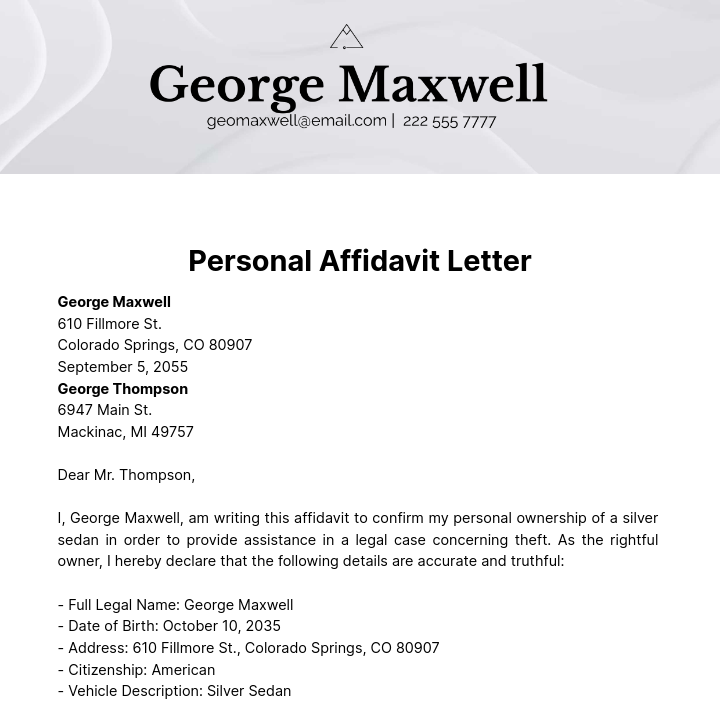 Free Sample Presonal Affidavit Letter Template