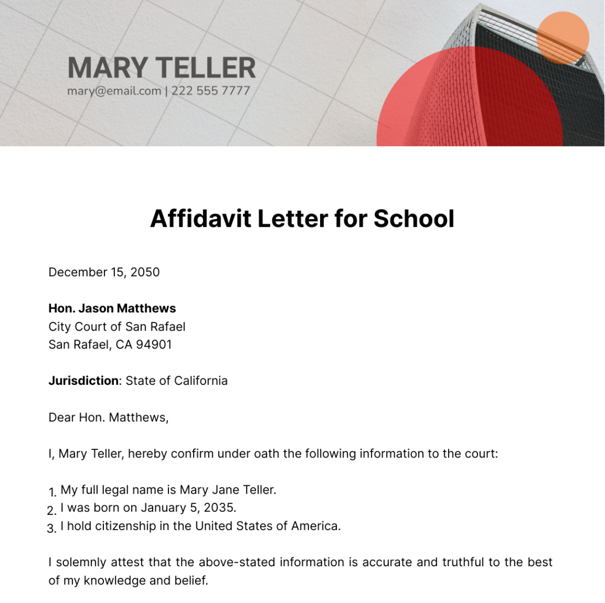 Free Affidavit Letter for School Template