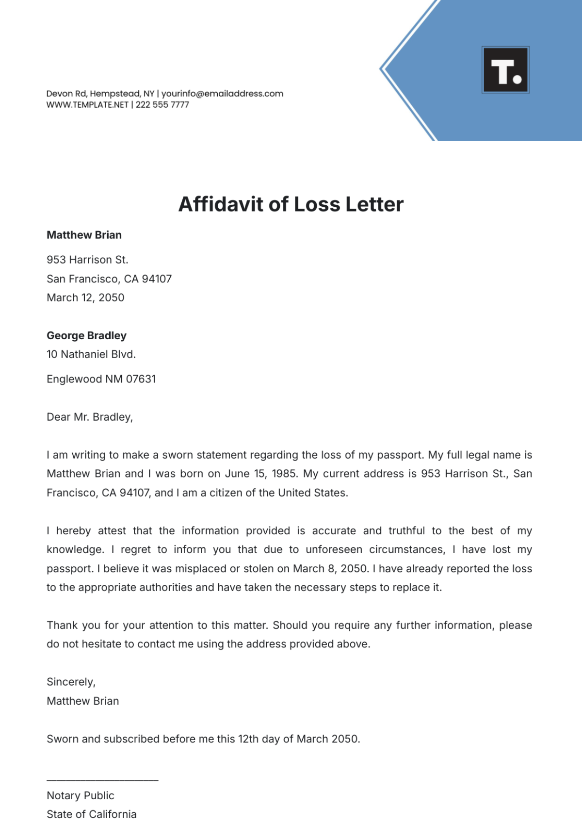 Affidavit of Loss Letter Template - Edit Online & Download