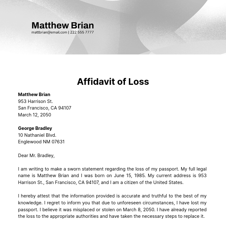 Free Affidavit of Loss Letter Template