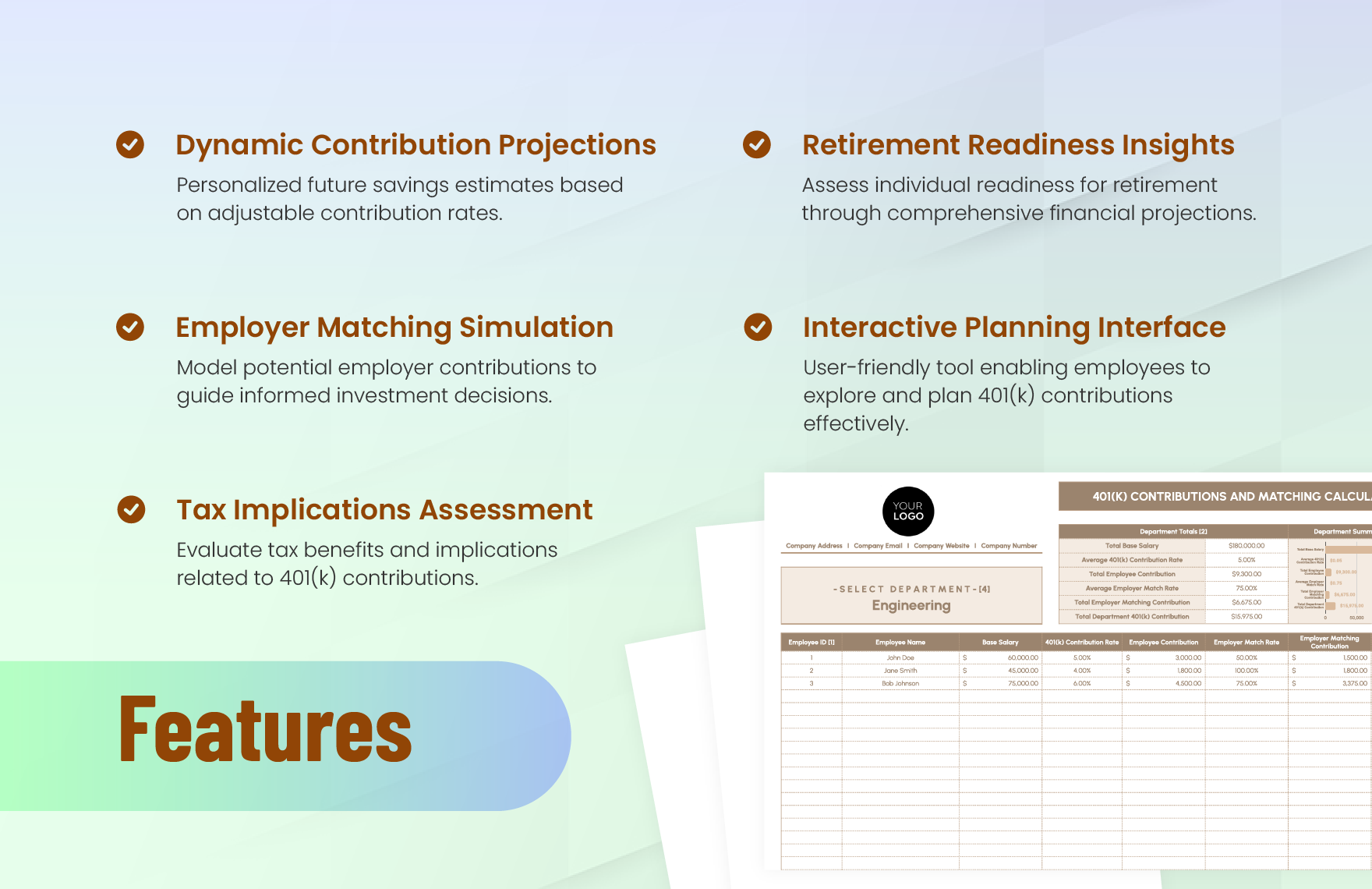 401(k) Contributions and Matching Calculator HR Template