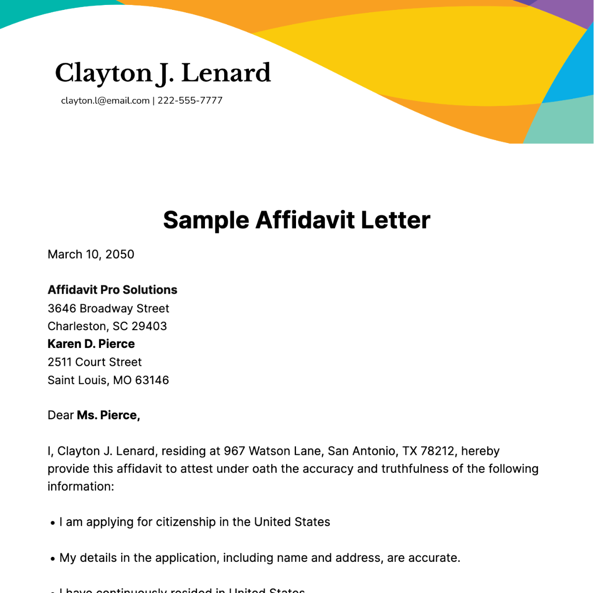 Sample Affidavit Letter Template