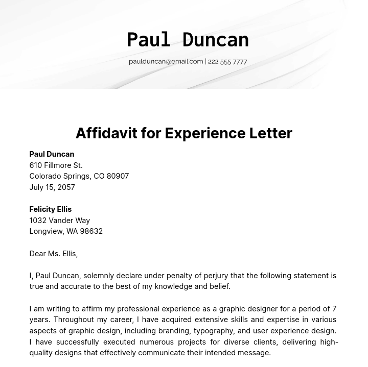 Free Affidavit for Experience Letter Template