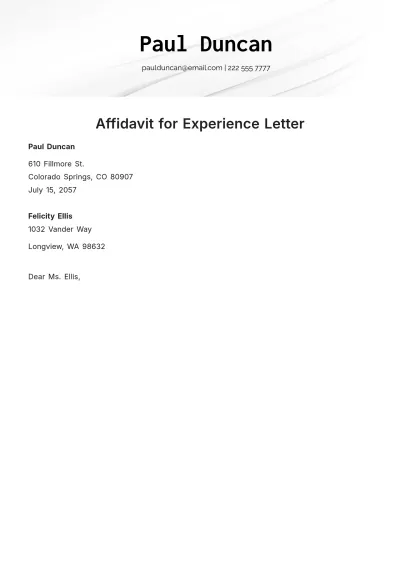 Free Affidavit for Experience Letter Template to Edit Online