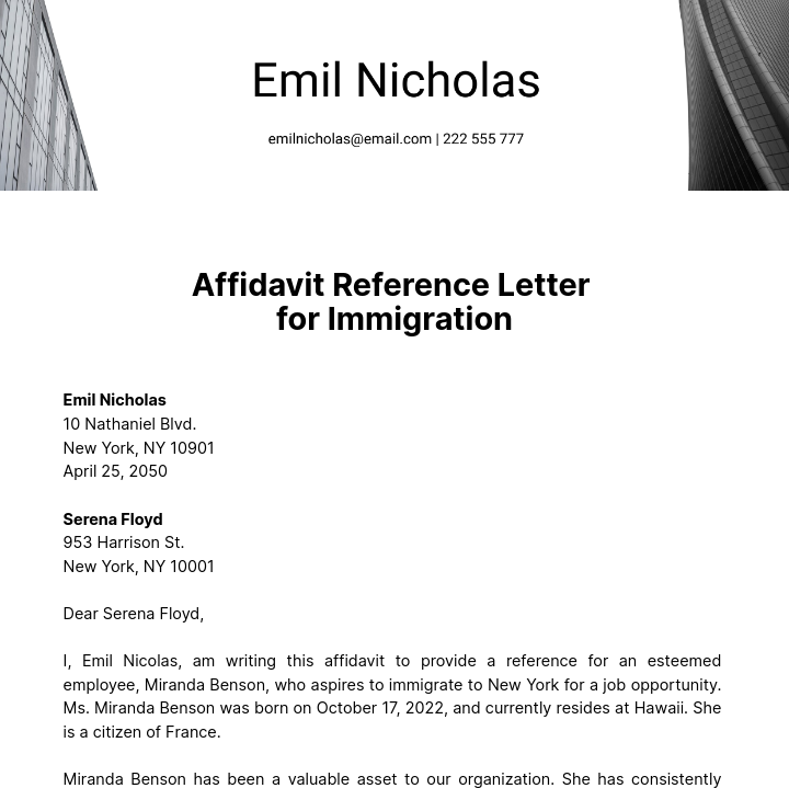 Free Affidavit Reference Letter for Immigration Template