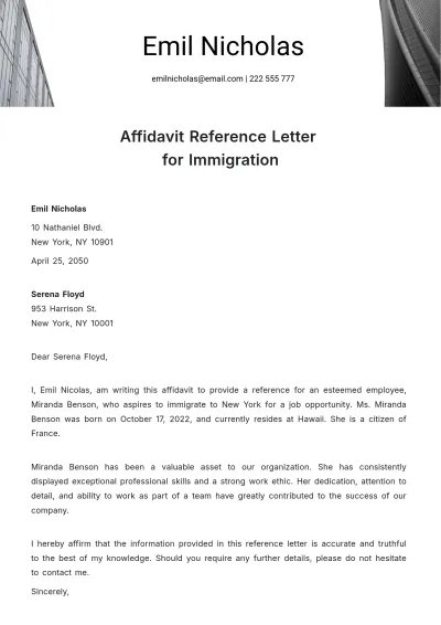 Free Affidavit Reference Letter for Immigration to Edit Online