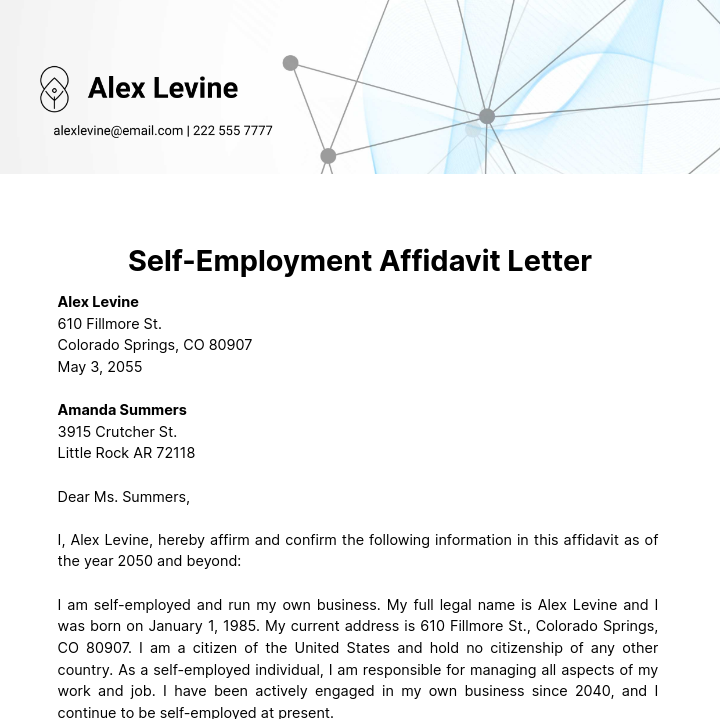 Self Employment Affidavit Letter Template