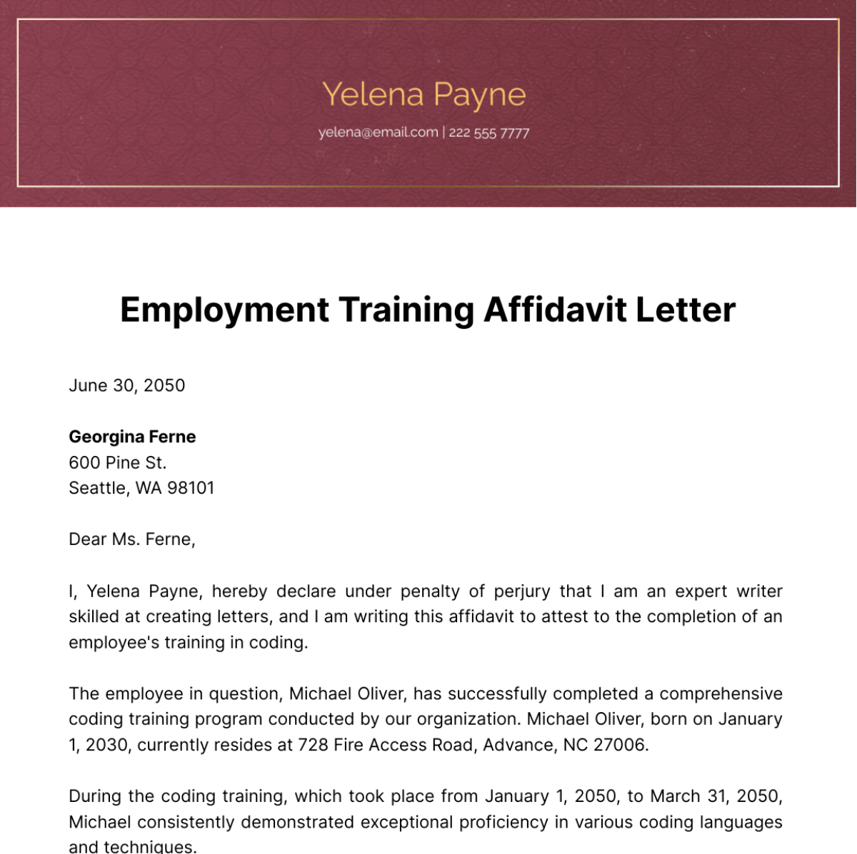 Employment Training Affidavit Letter Template