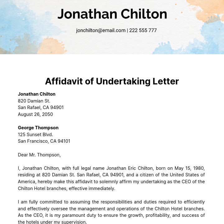 Free Affidavit of Undertaking Letter Template