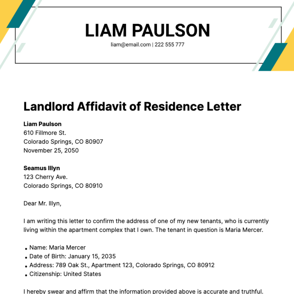 Landlord Affidavit of Residence Letter Template