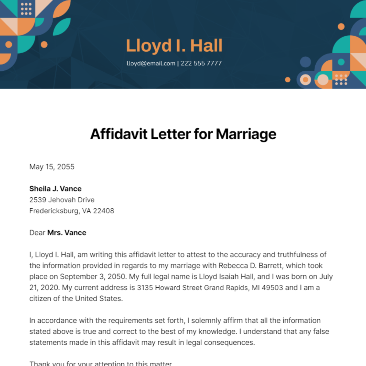 Free Affidavit Letter for Marriage Template
