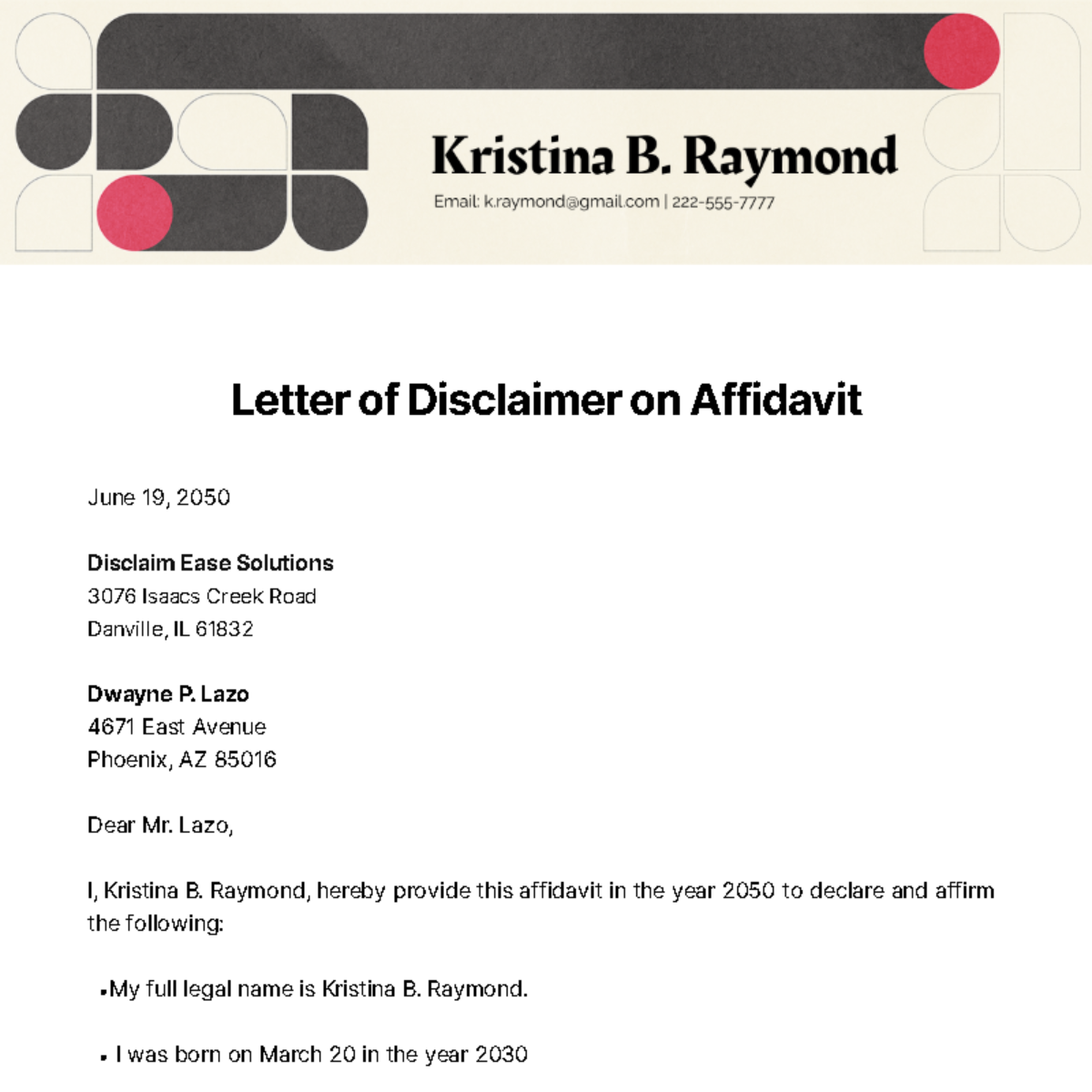 Letter of Disclaimer on Affidavit Template