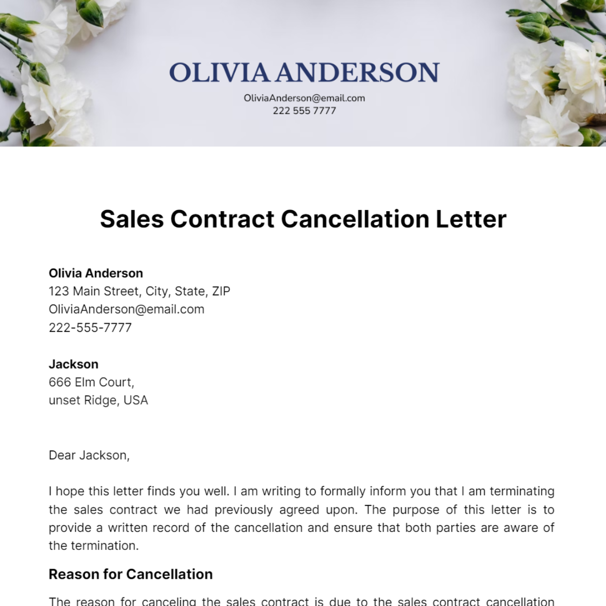 Sales Contract Cancellation Letter Template