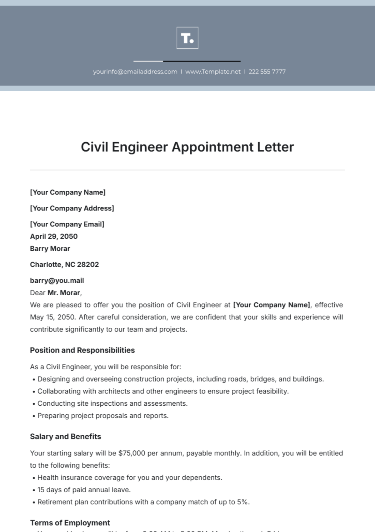 Civil Engineer Appointment Letter Template - Edit Online & Download