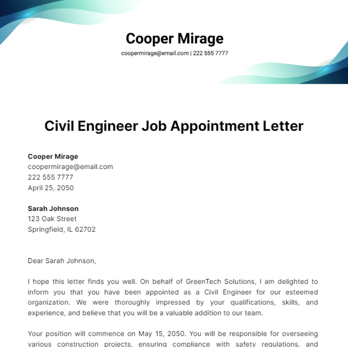 Civil Engineer Job Appointment Letter Template