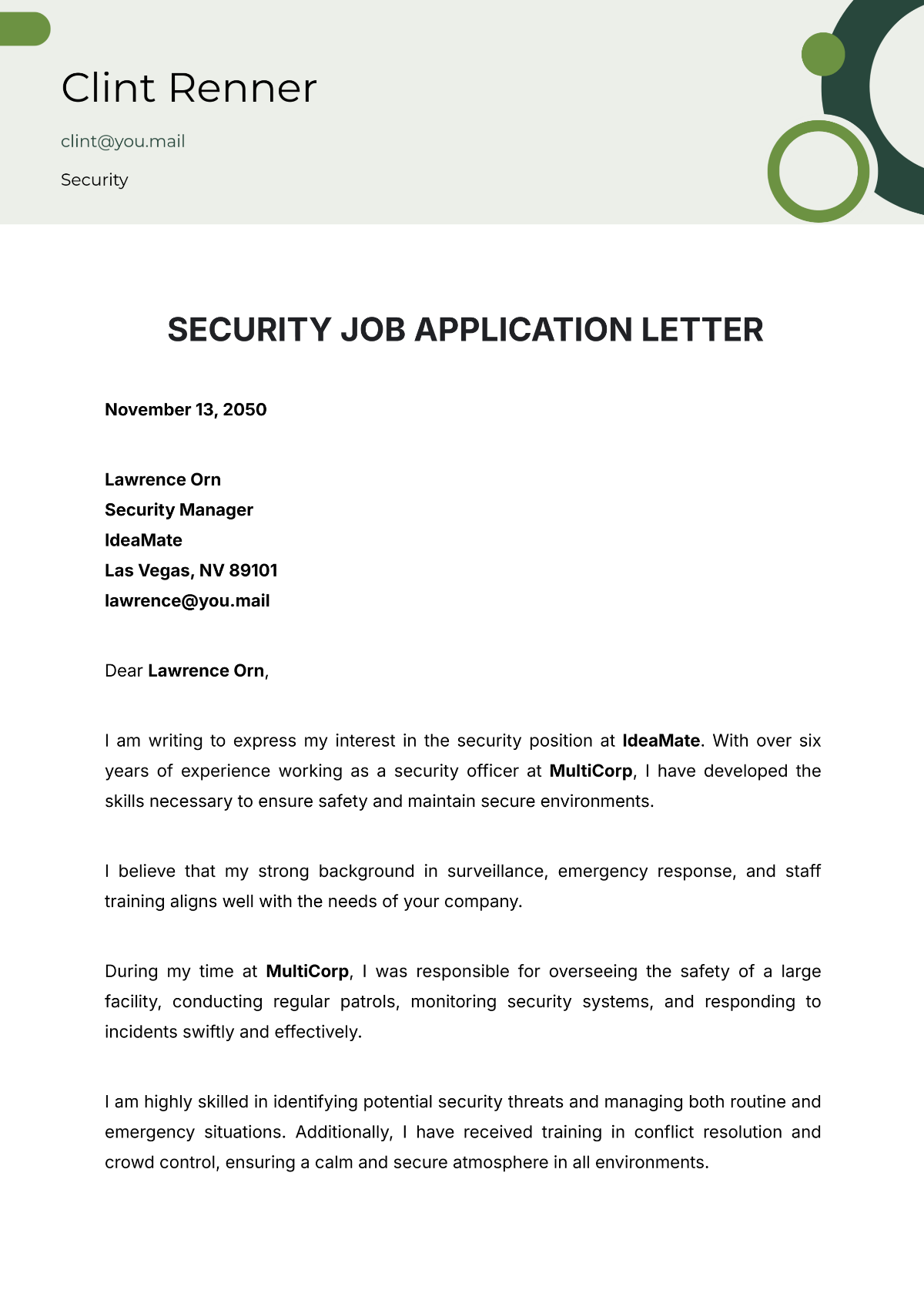 Security Job Application Letter Template - Edit Online & Download