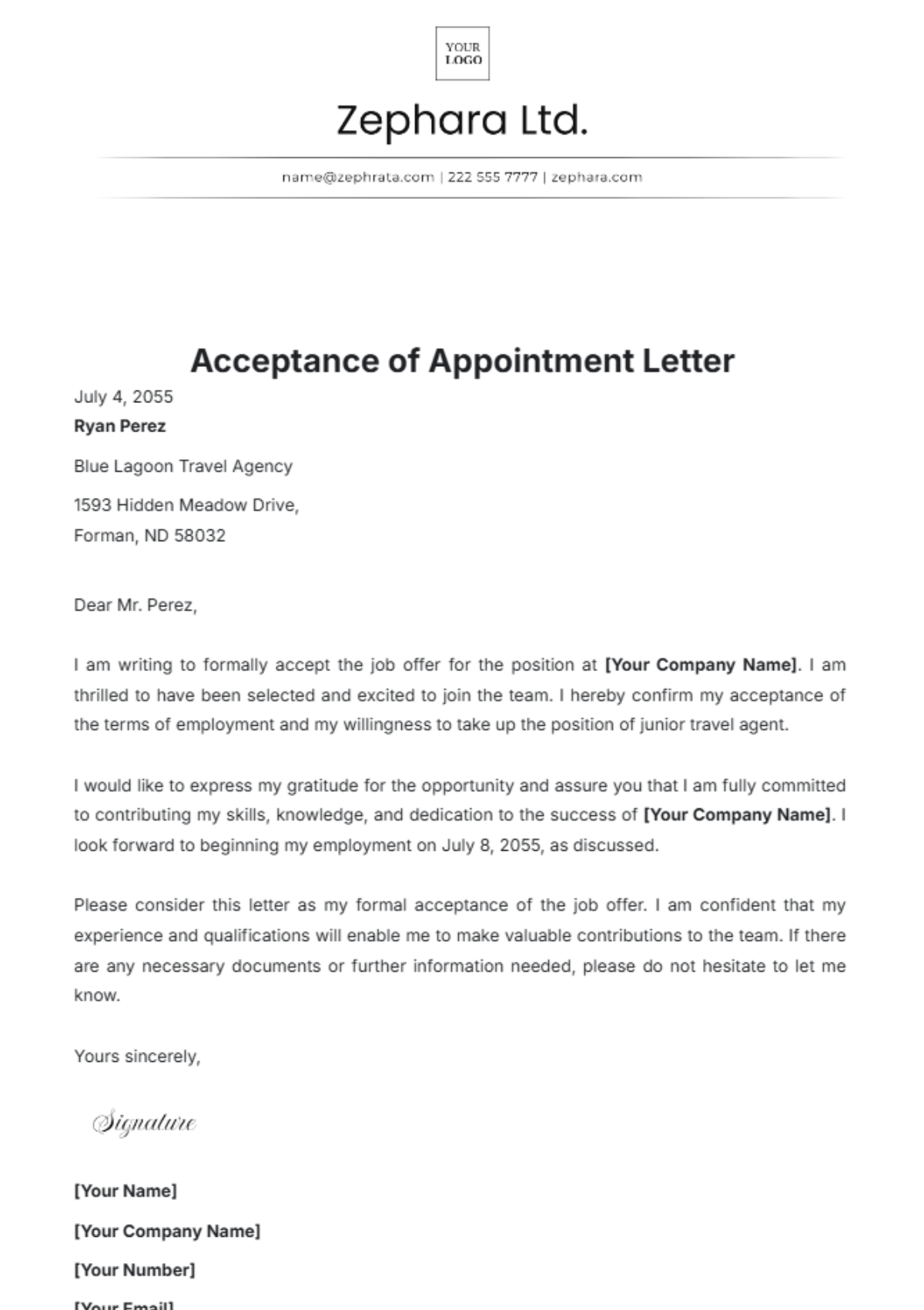 Acceptance of Appointment Letter Template - Edit Online & Download