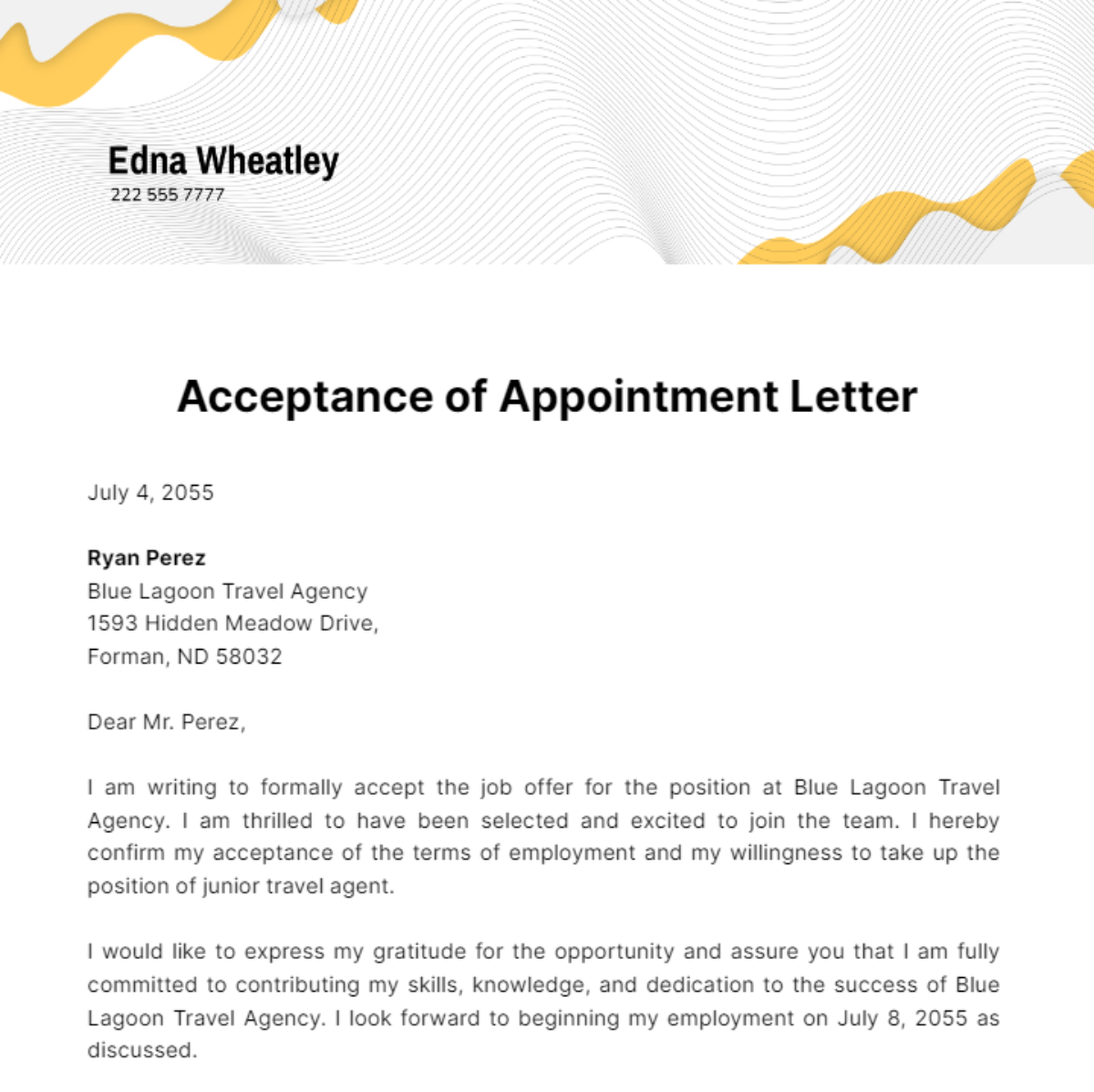 Free Acceptance of Appointment Letter Template
