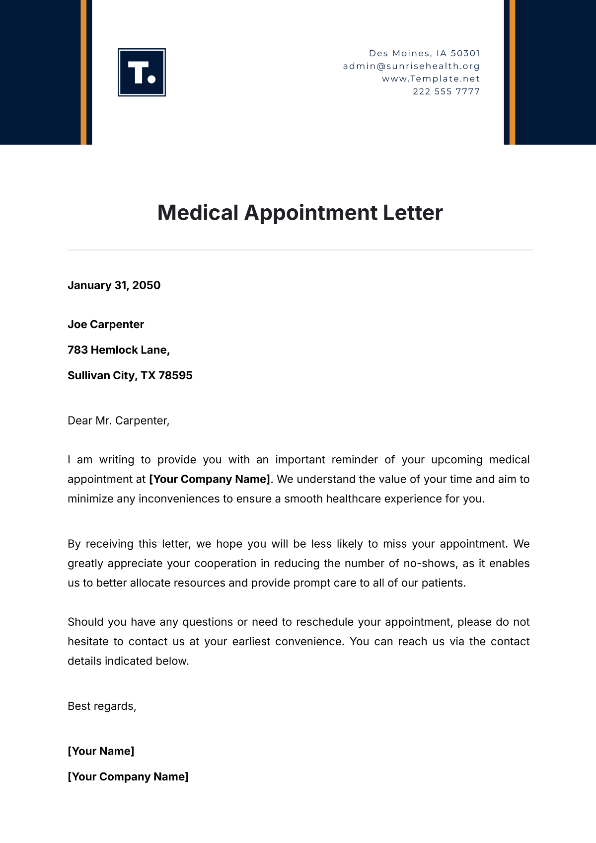 Medical Appointment Letter Template - Edit Online & Download