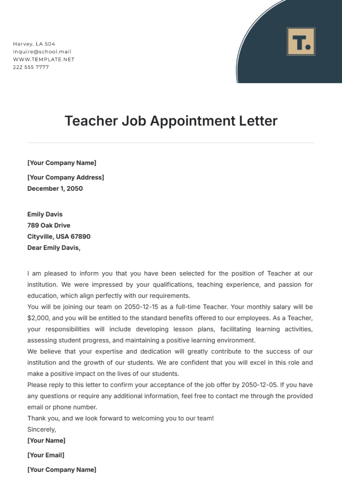 Teacher Job Appointment Letter Template - Edit Online & Download