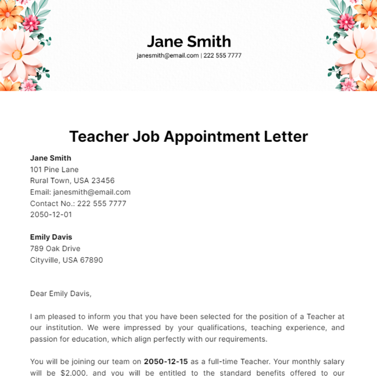 Teacher Job Appointment Letter Template