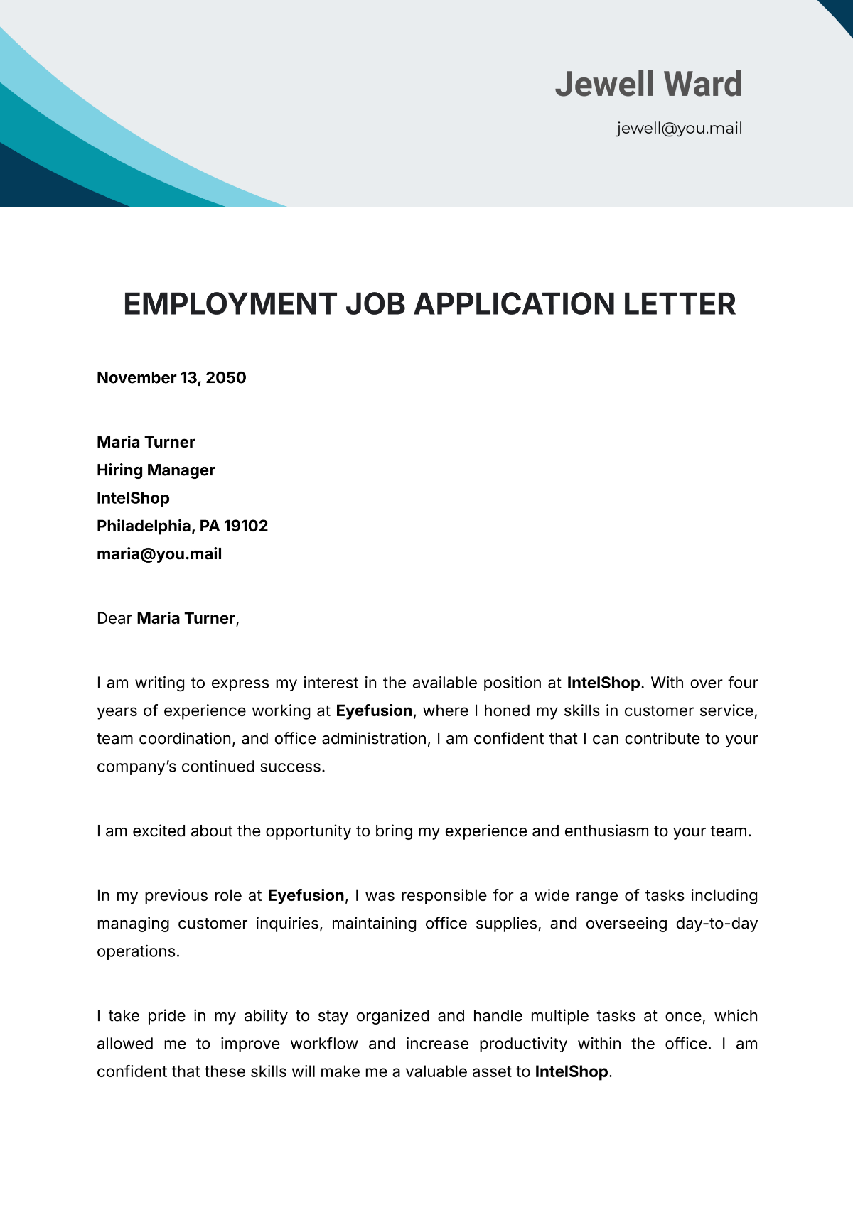 Employment Job Application Letter Template - Edit Online & Download