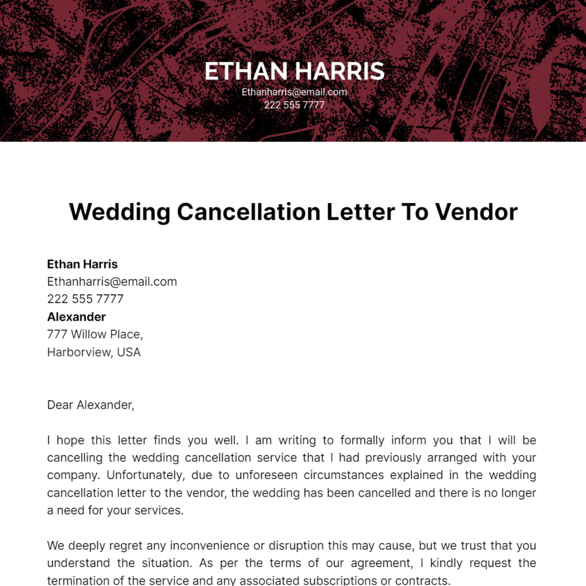 Wedding Cancellation Letter To Vendor Template