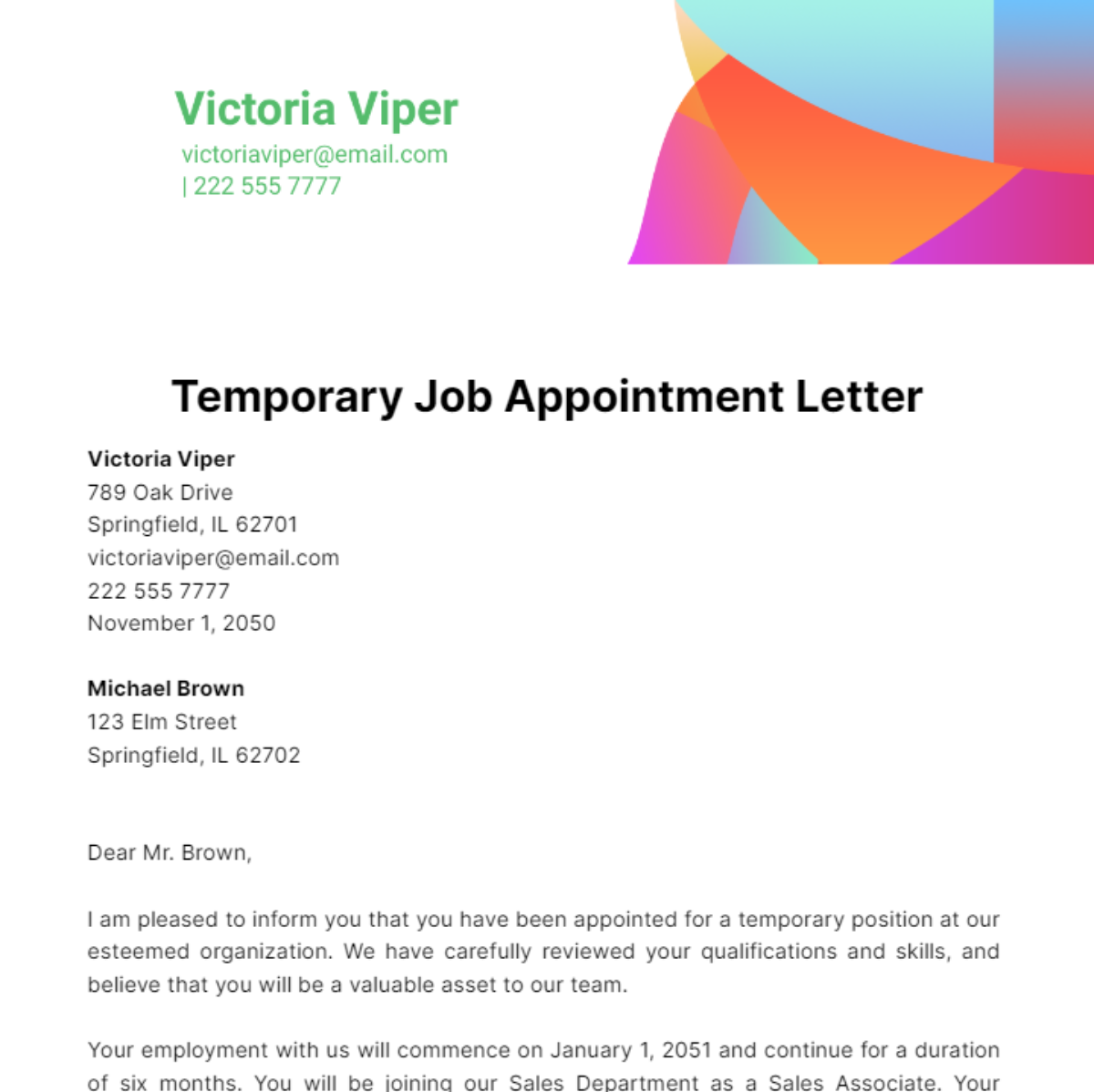 Temporary Job Appointment Letter Template