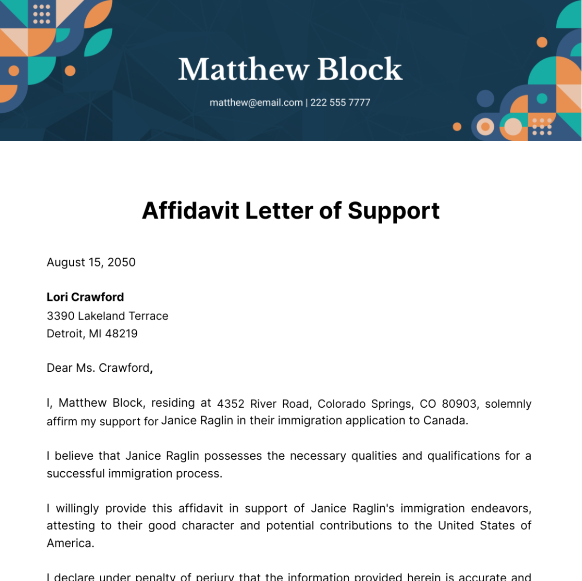 Free Affidavit Letter of Support Template