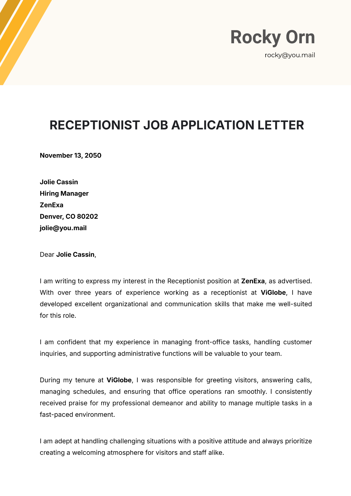 Receptionist Job Application Letter Template - Edit Online & Download