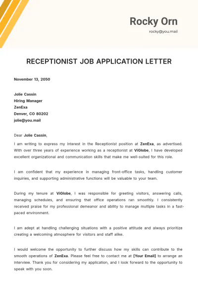 Free Receptionist Job Application Letter Template to Edit Online